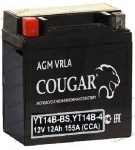 Аккумулятор для мотоцикла и скутера Cougar AGM VRLA 12V 12 А/ч 155 А прям. пол. залит/заряжен YT14B-BS, YT14B-4 (150х70х145)