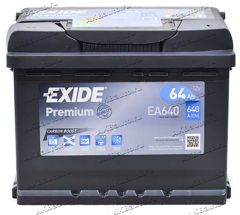 Аккумулятор 64 а ч. Автомобильный аккумулятор Exide Premium ea640. Exide ea640 64ач 640а. Exide Premium ea640 242х175х190. Аккумулятор автомобильный Exide Premium ea640 r+ 64ah 640а.