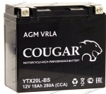 Аккумулятор для мотоцикла и скутера Cougar AGM VRLA 12V 18 А/ч 280 А обр. пол. залит/заряжен YTX20L-BS (175х87х155)