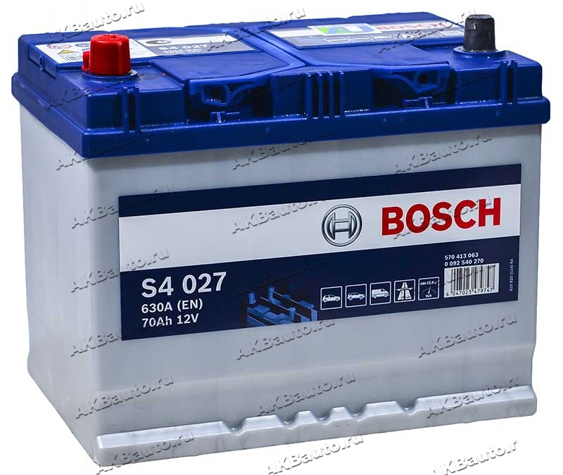 Аккумулятор автомобильный Bosch Asia Silver S4027 70 А/ч 630 A прям. пол.  Азия авто (261x175x220)
