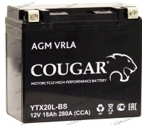 Аккумулятор для мотоцикла и скутера Cougar AGM VRLA 12V 18 А/ч 280 А обр. пол. залит/заряжен YTX20L-BS (175х87х155) купить в Москве по цене 4850 рублей - АКБАВТО